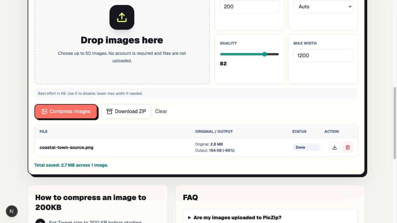 PicZip showing a 2.8MB source compressed to 154KB with a 1200px maximum width