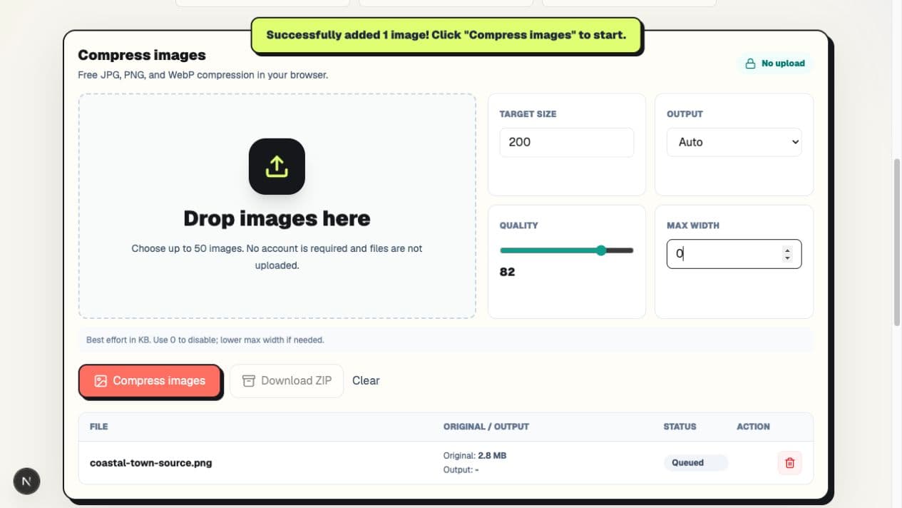 PicZip with a 200KB target, Auto output, quality 82, and maximum width disabled