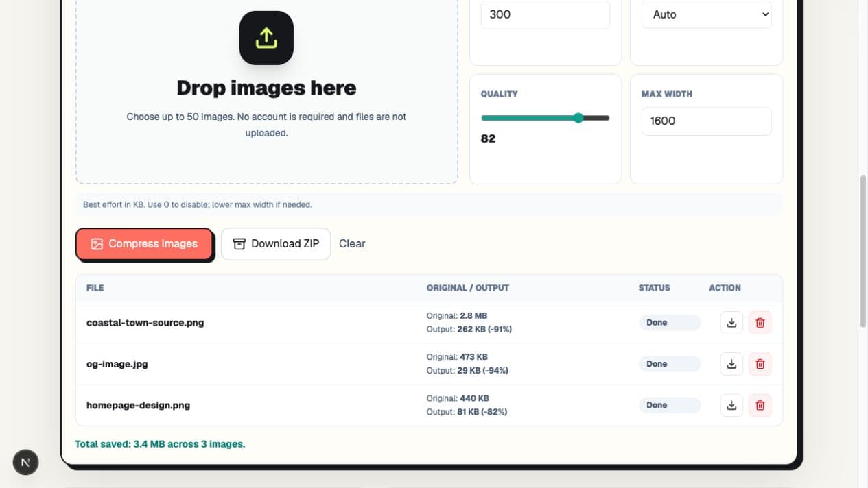 PicZip showing three completed email images of 262KB, 29KB, and 81KB