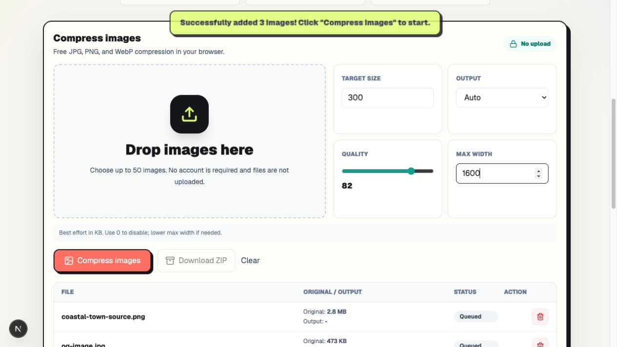 PicZip batch compressor set to 300KB, Auto output, quality 82, and 1600px maximum width