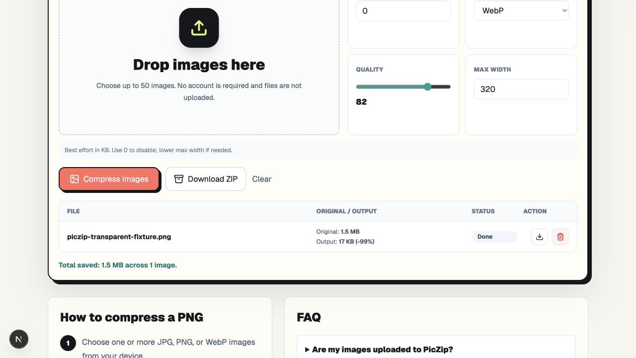 PicZip showing a 320 pixel wide transparent WebP result for an email signature