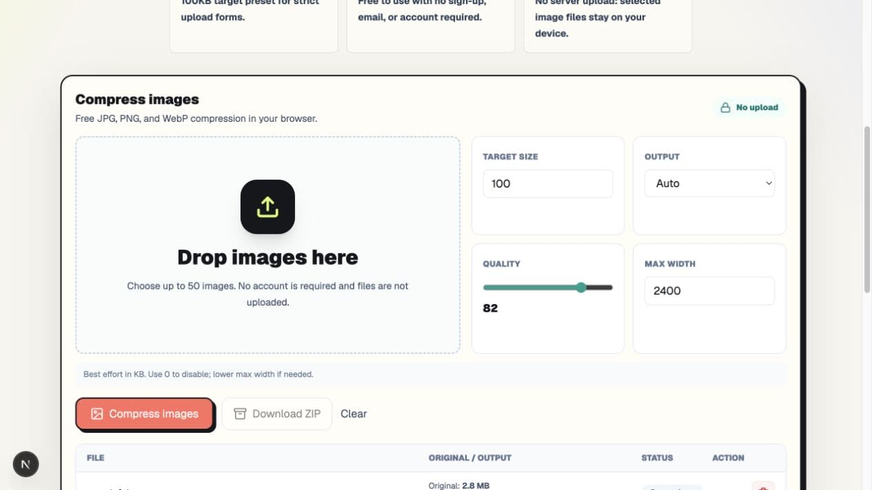 PicZip set to a 100KB target with Auto output, quality 82, and a 2400px maximum width.