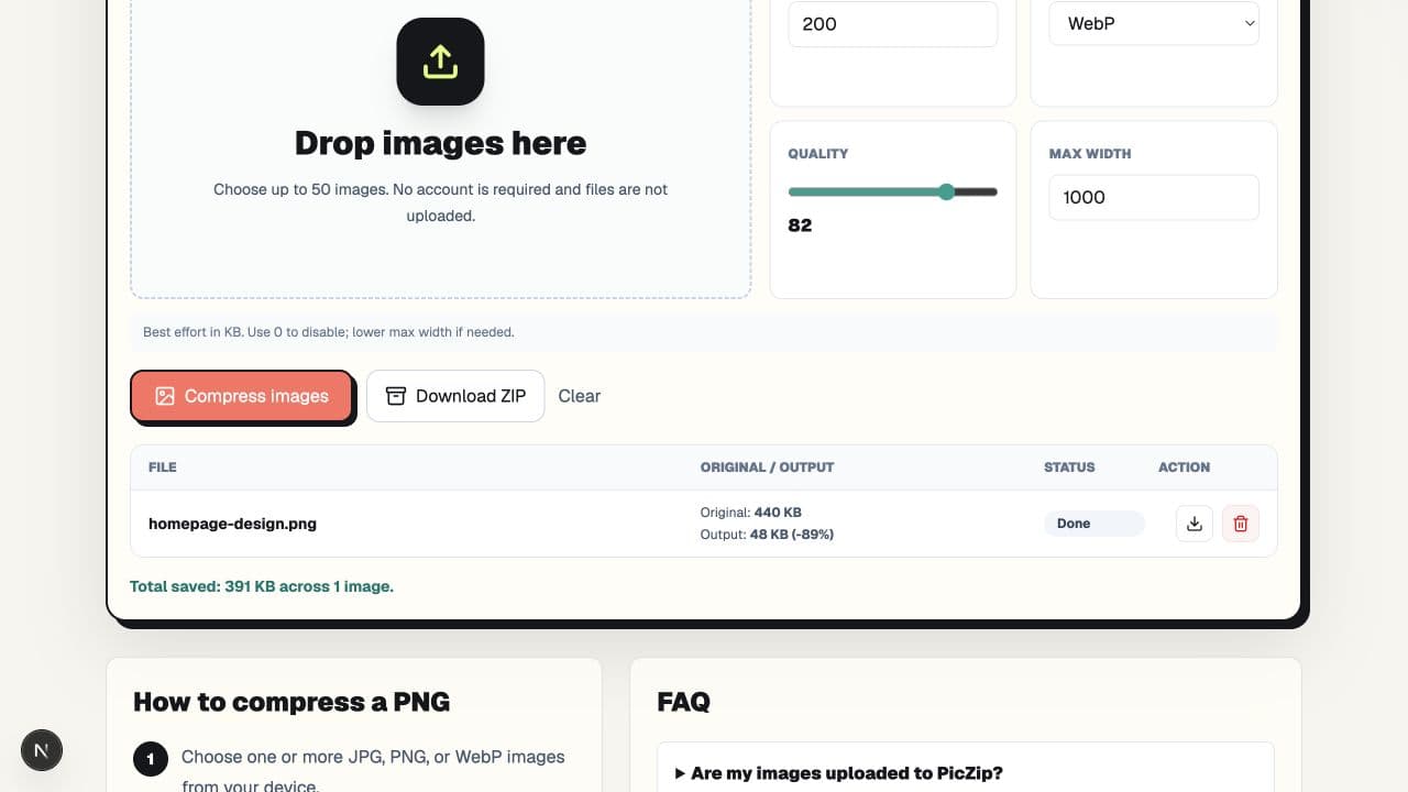 PicZip showing the interface screenshot reduced to a 1000px maximum width and 48KB